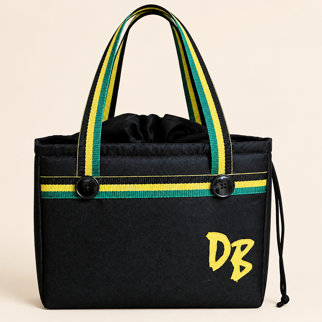 Donna's Jamaican lunch bag with yellow DB monogram by K. Hutton